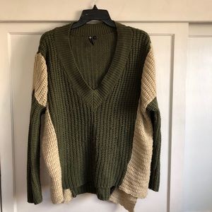 Green and beige oversize v-neck sweater
